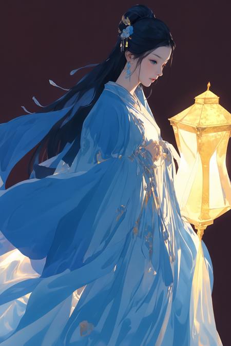 08857-4059675121-A girl, blue dress, standing, facing, full length, in front, holding a lantern in one hand.，font.png